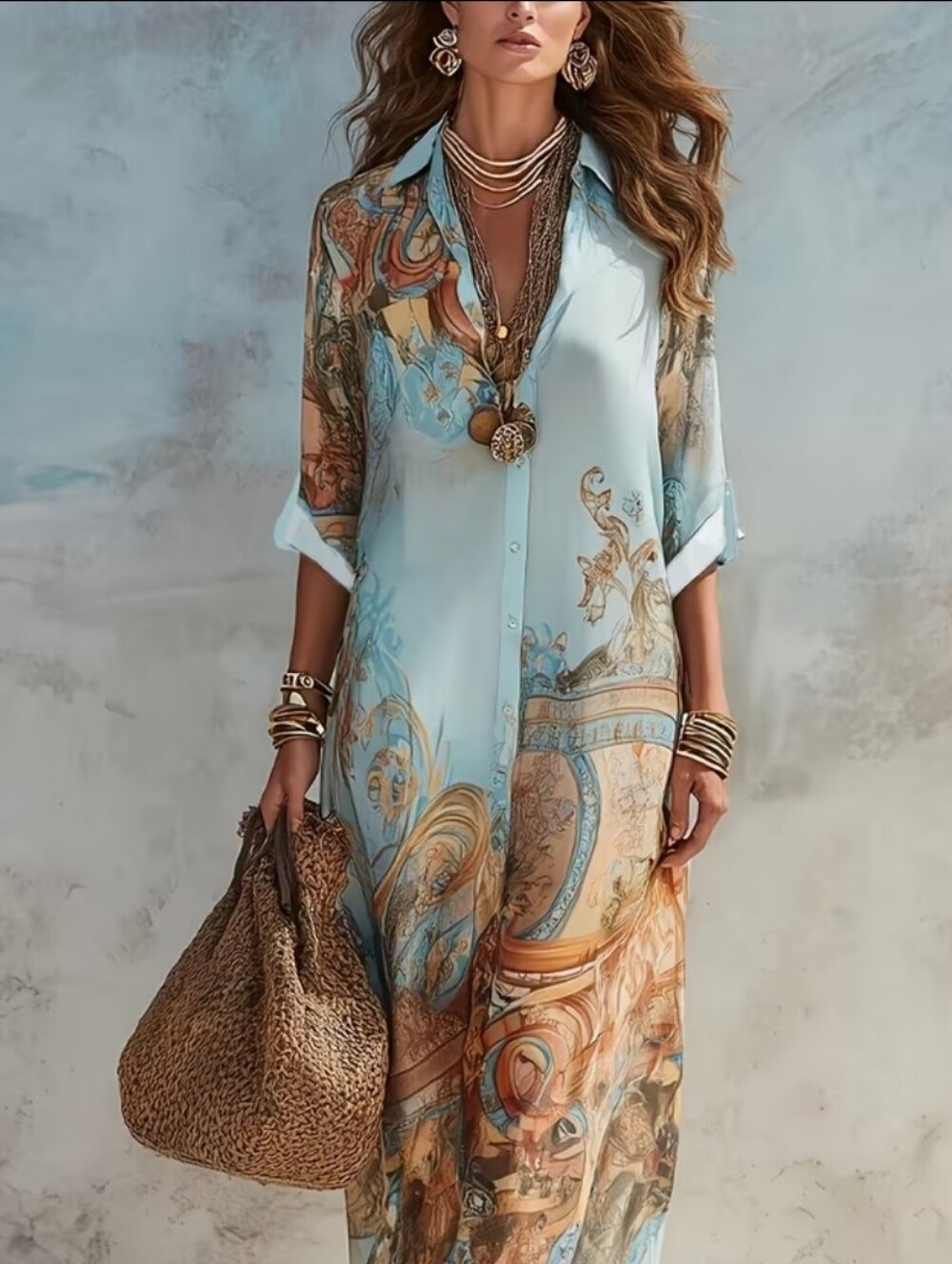 Love this!!! Light Blue & Tan Printed Button-Front Maxi Dress. Georgeous on!